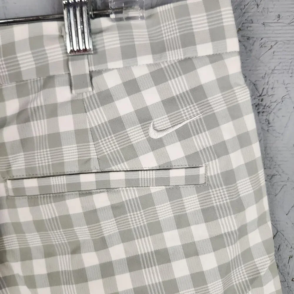 Nike Golf Shorts Mens 36 Gray White Check Plaid Dri Fit Performance Logo Pockets